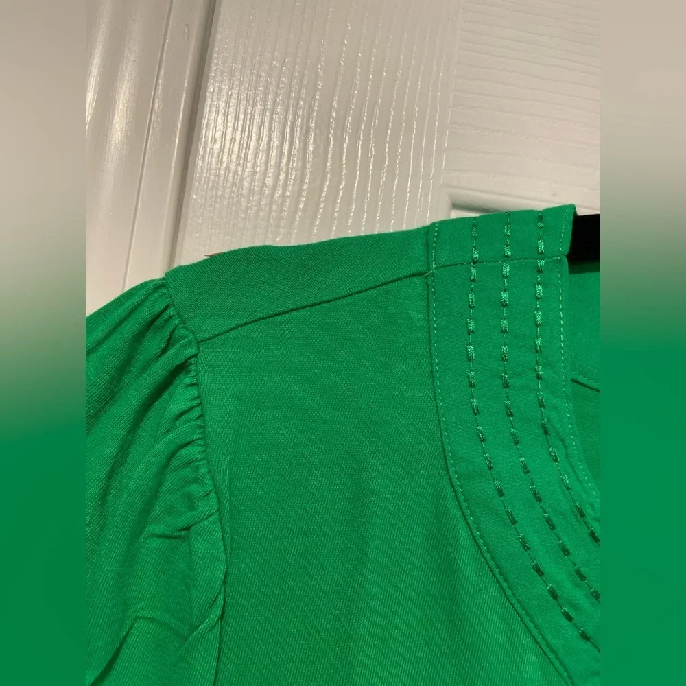 NWT Rafaella Size M Kelly Green V Neck Short Sleeve Tee Shirt Embroidered Trim - Picture 7 of 11